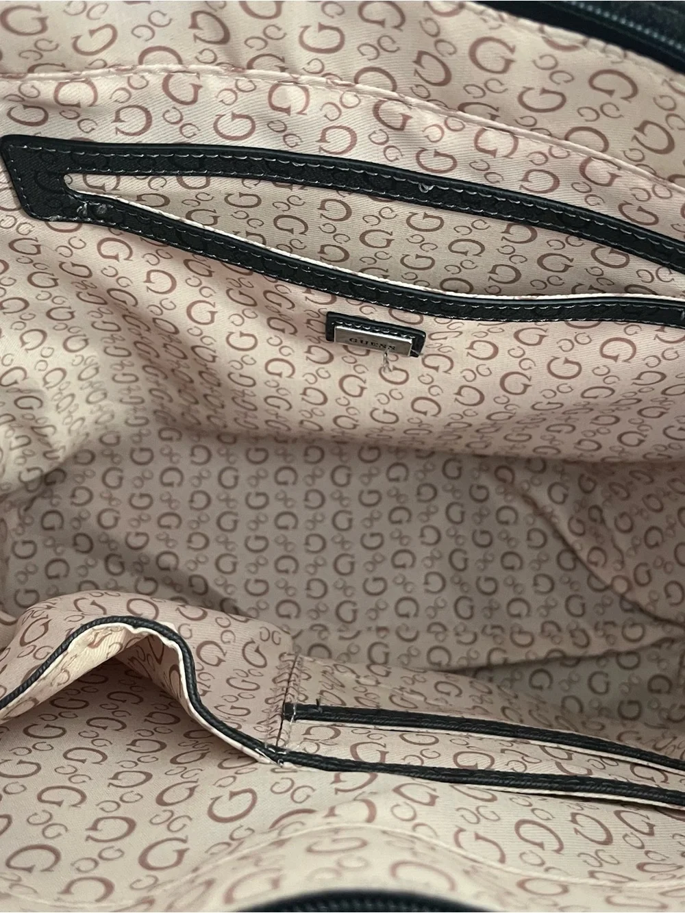 Guess Black Monogram Tote with Triangle Logo Accent